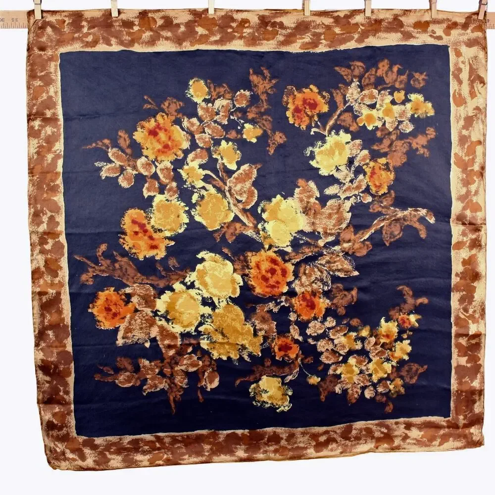 Vintage Rayon Floral Scarf Navy Brown Gold Made in Japan 1970s 30x30 - Hey Viv